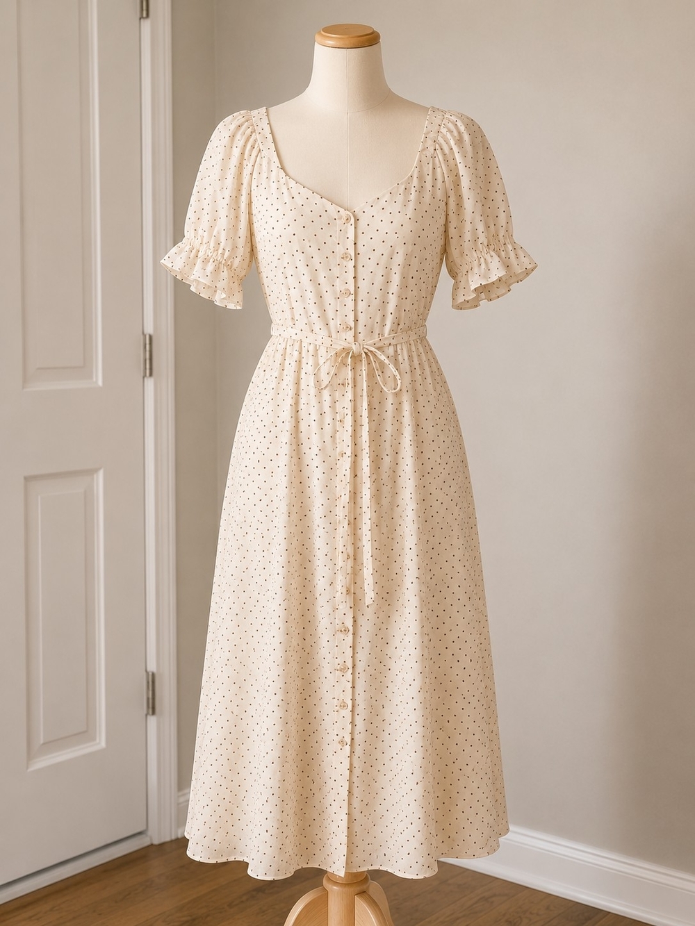 1. State Cream Midi Dress with Black Polka Dots and Tie Waist